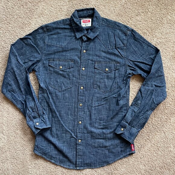 Wrangler Other - Wrangler Pearl Snap Shirt Mens Small Medium Wash Denim Long Sleeve Western Rodeo
